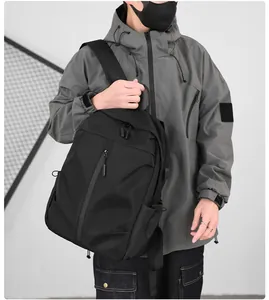 Detail of black multi-functional backpack with waterproof vertical zipper and side pocket