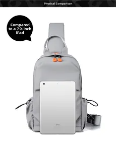Detailed size comparison of light grey crossbody bag next to a 7.9-inch iPad tablet