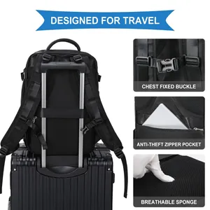 Large black travel backpack with suitcase strap and ergonomic breathable back padding