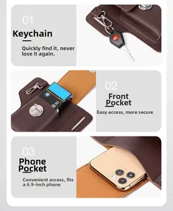 Detail of brown leather waist bag with dedicated pockets for 6.9-inch phone and cigarette box
