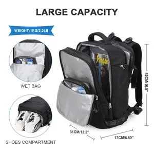 Large capacity black travel backpack for women with wet bag and shoe compartment