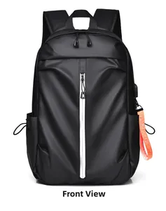 Vue avant du sac à dos d'affaires noir étanche avec sangle orange et port USB intégré