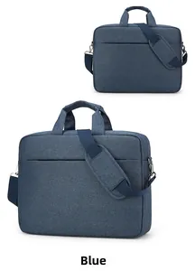 Détail de la sacoche bleue pour ordinateur avec poignée rembourrée et bandoulière réglable
