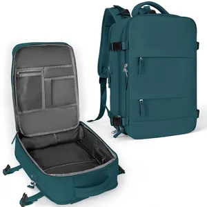 Detail view of large travel backpack with multiple compartments and USB charging port