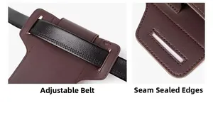Detail of dark brown leather phone holster showing belt loop and reinforced stitching