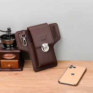 Men's dark brown leather phone holster with belt loop and metal keychain clip