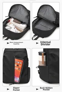 Detail view of large capacity travel backpack featuring multiple pockets and striped lining