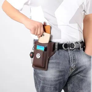 Men's dark brown leather phone holster with cigarette pouch and metal key hook belt loop