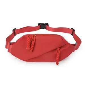 Red nylon chest bag with pleated design and woven rope zippers for men's casual sports