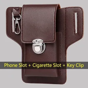 Brown leather belt holster pouch with phone slot, cigarette compartment and keychain