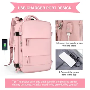 Pink travel backpack detail showing built-in USB charging port and interior power bank pocket