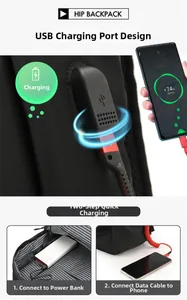 Detail of laptop backpack showing external USB charging port and power bank connection