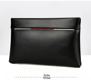 Side view of black PU leather clutch bag with minimalist red and white decorative stripe