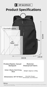 Waterproof laptop backpack size chart showing 44x30x14cm dimensions and 0.49kg weight