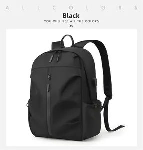 Close-up of black waterproof business backpack with external USB port and side pocket