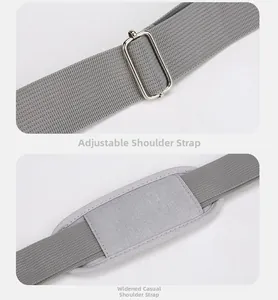Détail de la bandoulière réglable en nylon gris avec boucle en métal et coussin d'épaule