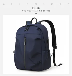 Detail of blue waterproof nylon backpack featuring a side USB charging port for commuters