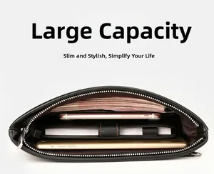Internal view showing large capacity for cash, smartphones and tablet in black PU clutch