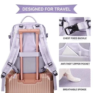 Travel backpack featuring a luggage strap, chest buckle, and anti-theft back pocket