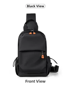 Close-up of black oxford chest bag featuring vibrant orange zippers and durable nylon fabric