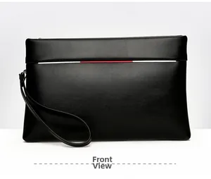 Front view of a black minimalist faux leather clutch with silver metal bar and wrist strap