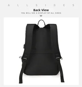 Back view of black travel backpack showing breathable shoulder straps and luggage strap