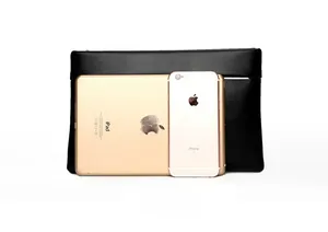 Detailed size comparison of black leather clutch bag with a tablet and smartphone