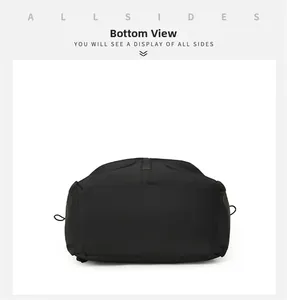 Detail view of the flat bottom and adjustable side straps on this black travel backpack