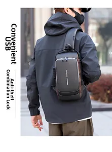 Detail of waterproof crossbody chest bag with USB charging port and anti-theft combination lock