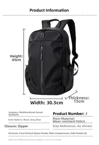 Detailed size specifications and multi-pocket layout for this casual black backpack