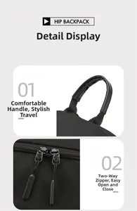 Detail view of the comfortable carry handle and smooth dual zipper on this black backpack