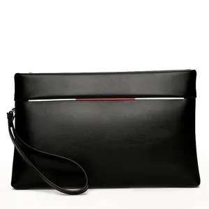 Men's Minimalist PU Leather Clutch Bag Large Capacity Business Casual Wristlet Handbag Solid Color Envelope Bag Black
