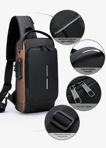 Detail view of motorcycle chest bag featuring anti-theft lock, USB port, and reflective strip