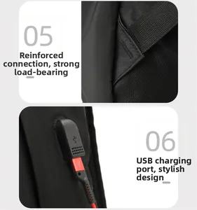 Detail of reinforced shoulder strap stitching and USB charging port on black backpack