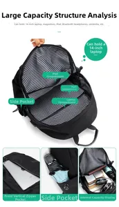 Detail view of large capacity black backpack with striped lining and laptop compartments