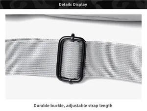 Macro view of adjustable gray nylon strap with black matte metal buckle for chest bag