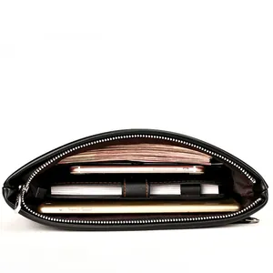 Men's minimalist black PU leather clutch bag with large capacity and organized interior