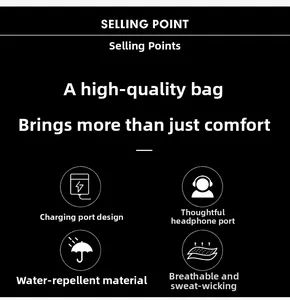 Detail of waterproof crossbody bag with USB charging port and headphone jack feature