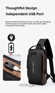 Detail view of the men's chest bag showing the built-in USB charging port and data cable