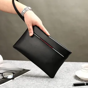 Classic men's black PU leather clutch bag with red and white stripe detail and wrist strap