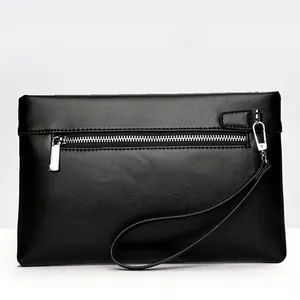Minimalist black PU leather men's clutch bag with silver zipper and wrist strap