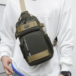 Olive green and khaki crossbody chest bag with multiple zipper compartments for outdoor sport