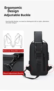 Detail of ergonomic back design with interchangeable metal buckles on a black chest bag