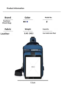 Waterproof Oxford chest bag for men showing dimensions and iPad mini storage capacity