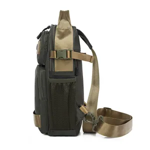 Men's large capacity oxford chest bag in olive green with multi-layer zipper compartments