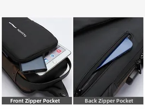 Detailed view of the front zipper pocket and secure anti-theft rear pocket on a black chest bag