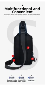 Detail of breathable mesh back, USB port and dual D-rings on the oxford chest bag