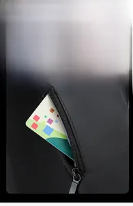 Close-up of waterproof strap pocket with zipper and card slot on black crossbody bag