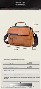 Detailed size chart for the brown PU leather messenger bag with internal structure specs