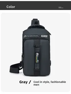 Close-up of waterproof Oxford fabric and USB charging port on men's gray chest bag